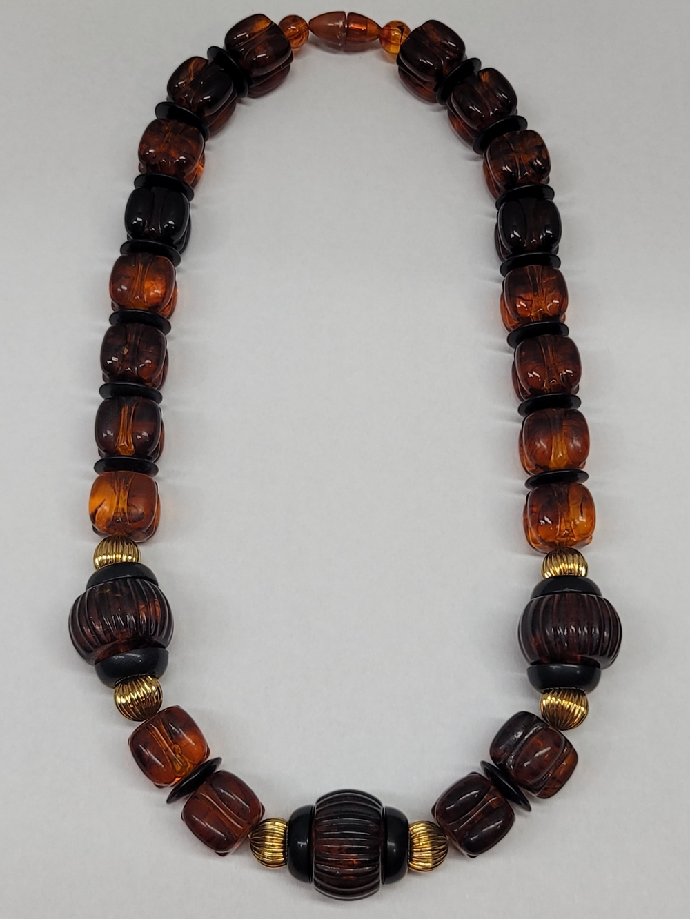 Vintage 80s Chunky Amber-Brown Lucite and Black Beaded Statement Necklace
